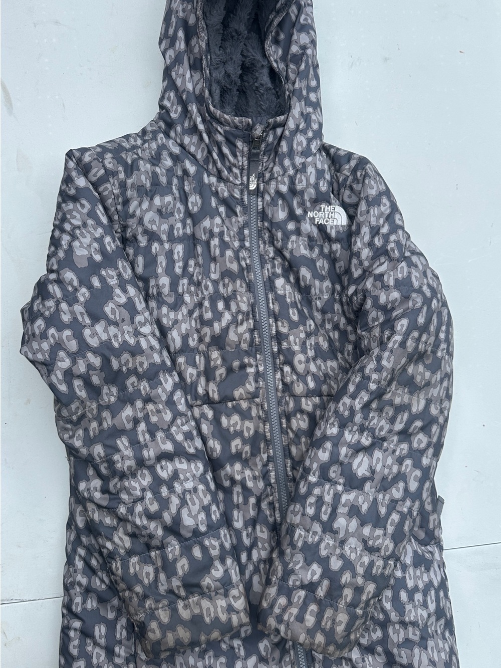 The North Face Girls' Gray Leopard Print Puffer Jacket with Hood